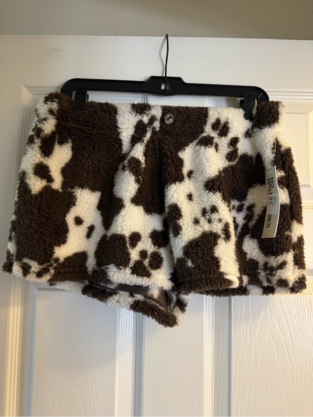 Plush Cow-Print Sherpa Athletic Shorts in Brown/White